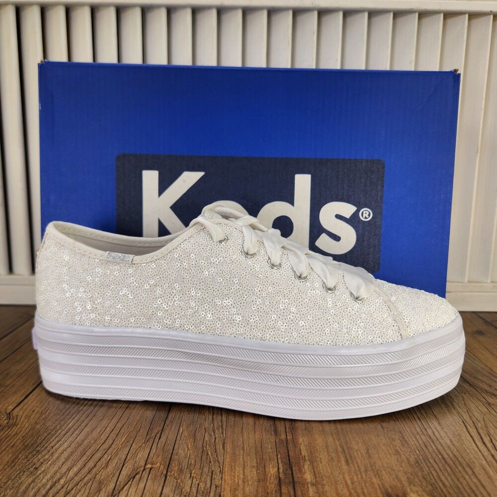 Keds Triple Up Sequins Celebration White Shoes Womens Size 7.5M Platform WF66724